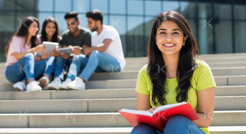 Young indian female college student reading book sitting campus