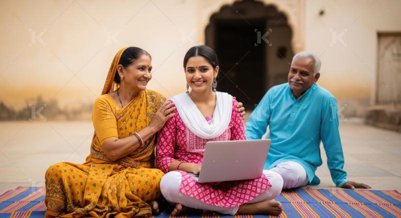 Happy indian villager family using laptop together sitting at ho