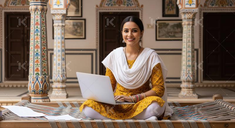 Young indian villager woman using laptop sitting at home