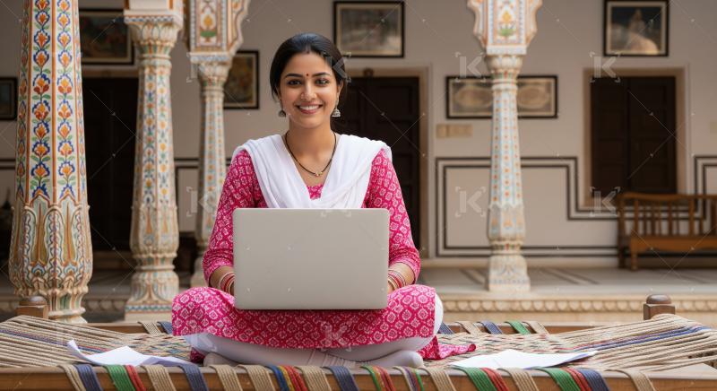 Young indian villager woman using laptop sitting at home