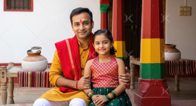 Happy indian villager father and daughter sitting together at ho