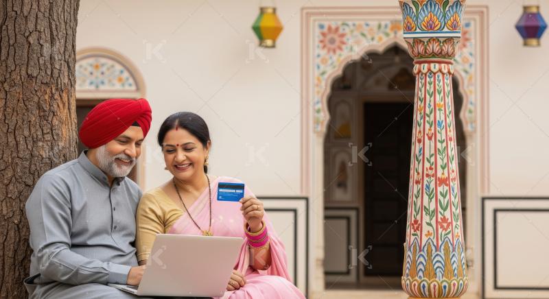 Happy indian villager couple using laptop and holding credit car