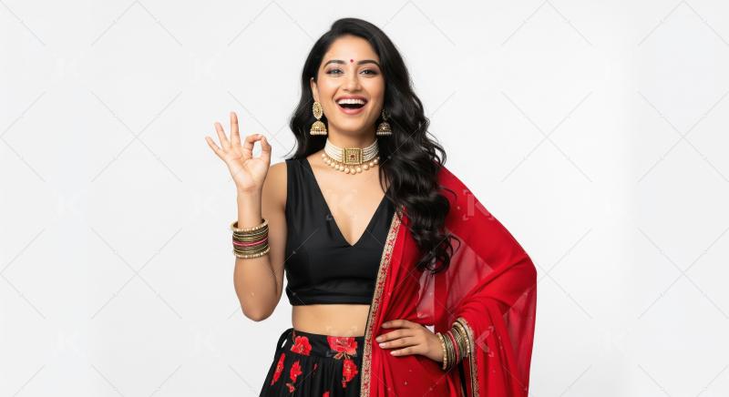 Young beautiful indian woman wearing traditional lehenga standin