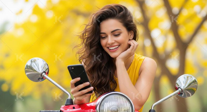 Young indian woman sitting on scooter and using smartphone