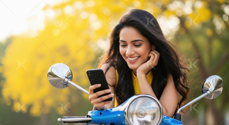 Young indian woman sitting on scooter and using smartphone