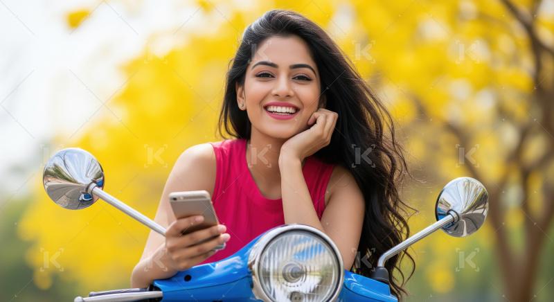 Young indian woman sitting on scooter and using smartphone