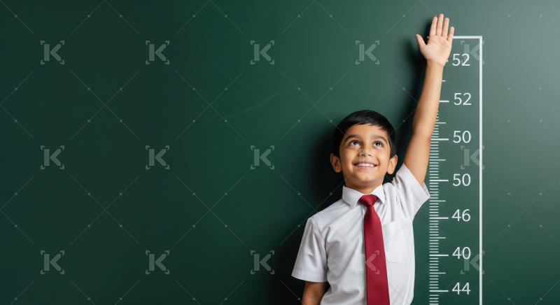Happy indian schoolboy standing with chalkboard height scale