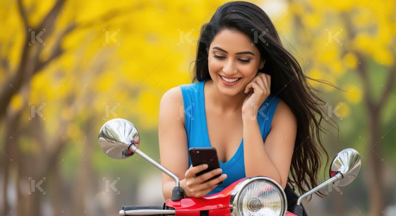 Young indian woman sitting on scooter and using smartphone