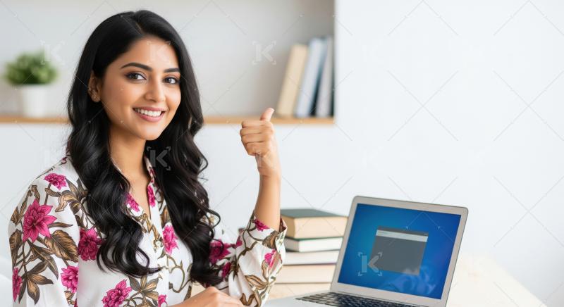 Young indian female student using laptop and showing thumbs up