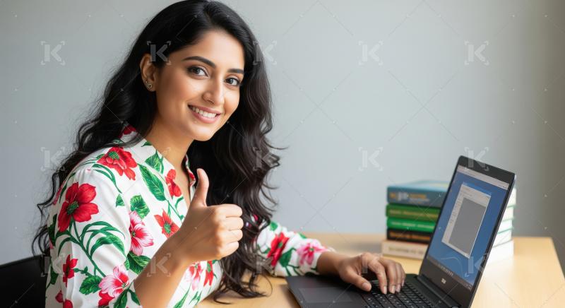 Young indian female student using laptop and showing thumbs up
