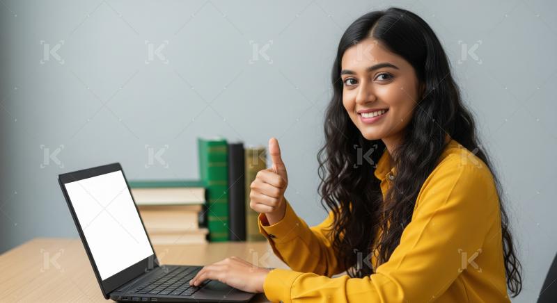 Young indian female student using laptop and showing thumbs up