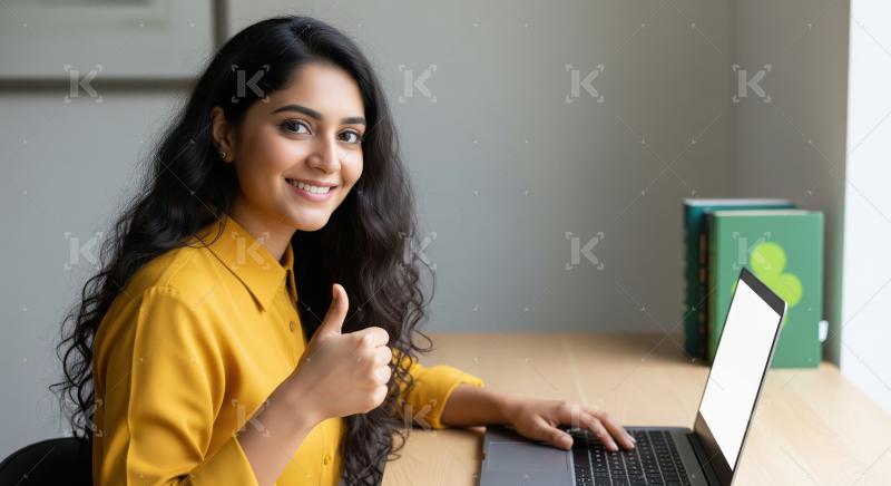 Young indian female student using laptop and showing thumbs up