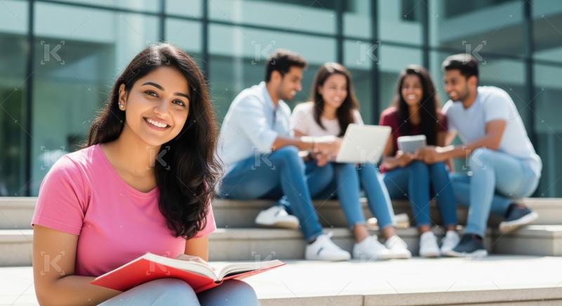Young indian female college student reading book sitting campus