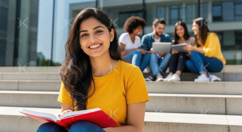 Young indian female college student reading book sitting campus