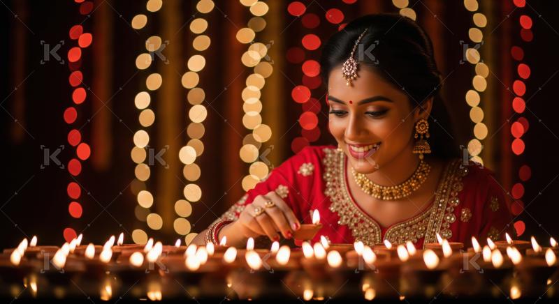 Young indian woman standing with glowing diyas on diwali festiva