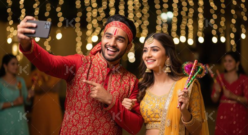 Young indian couple taking selfie during navratri festival