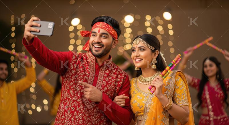 Young indian couple taking selfie during navratri festival