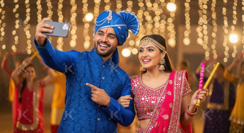 Young indian couple taking selfie during navratri festival