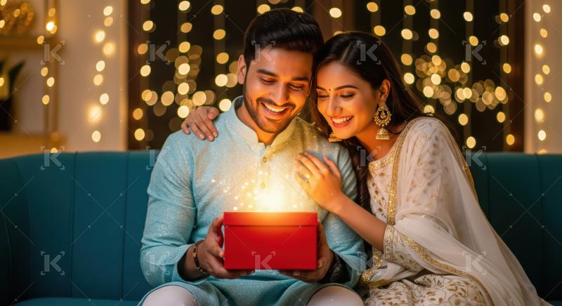 Young indian couple opening gift box together on diwali festival