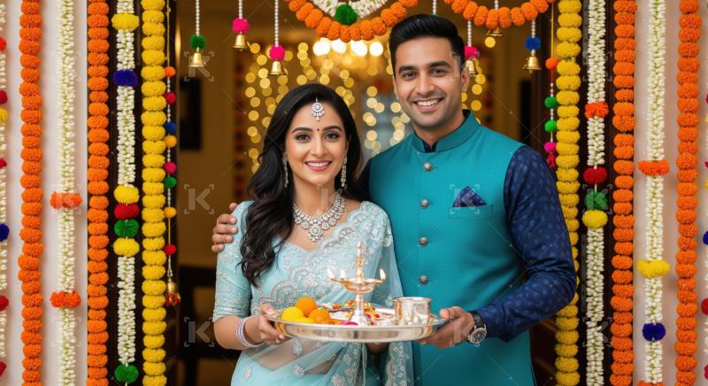 Young indian couple holding pooja thali together on diwali festi