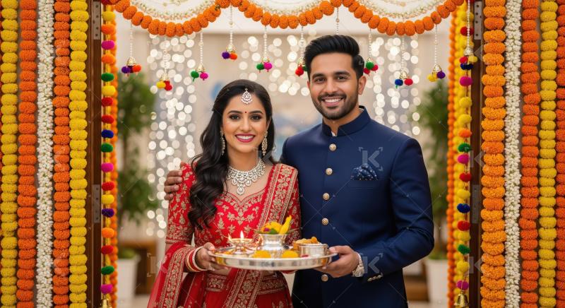 Young indian couple holding pooja thali together on diwali festi