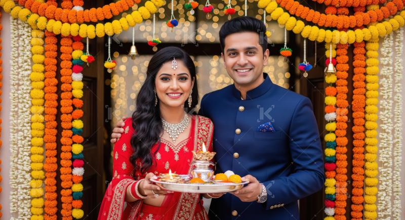 Young indian couple holding pooja thali together on diwali festi