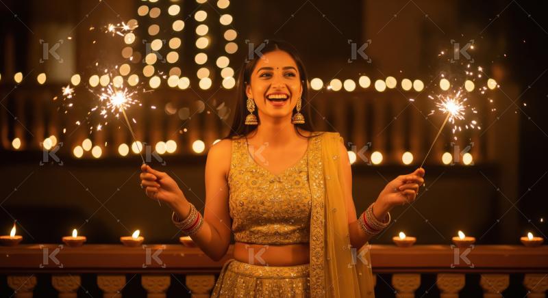 Young indian woman holding sparkler on diwali festival