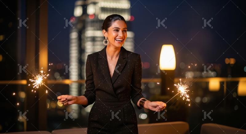 Young indian woman holding sparkler on diwali festival