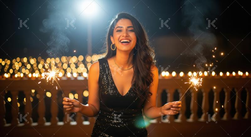 Young indian woman holding sparkler on diwali festival