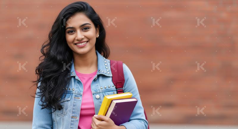 Young indian female college student holding books standing at co