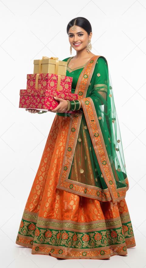 Young indian woman wearing traditional lehenga holding gift boxe