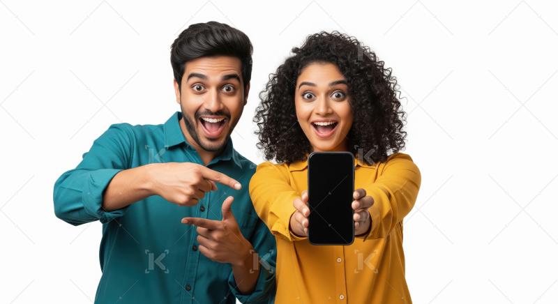 Young indian couple standing together holding smartphone and poi