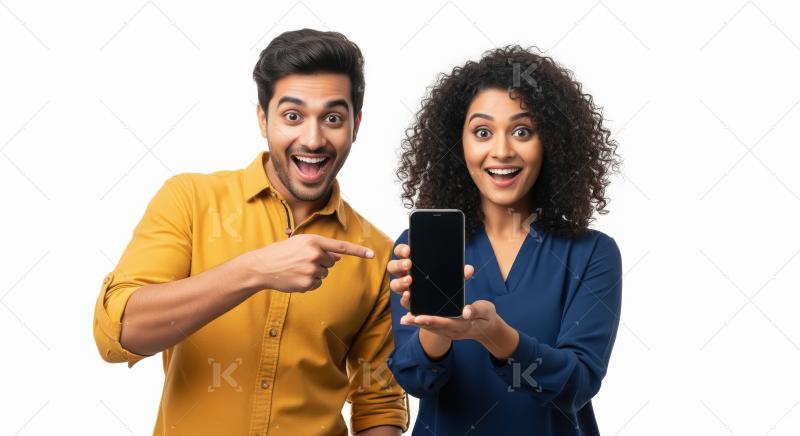 Young indian couple standing together holding smartphone and poi