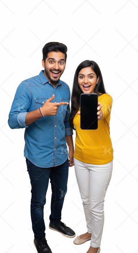 Young indian couple standing together holding smartphone and poi