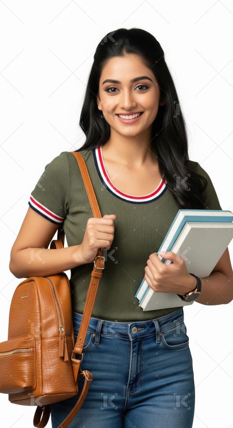 Young indian female student holding books and backpack standing