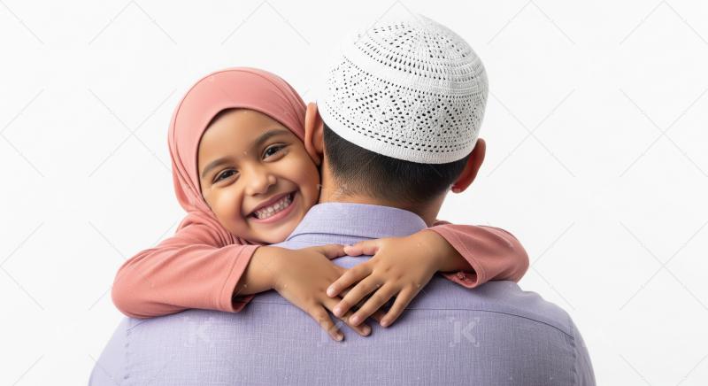 Happy little muslim girl hugging to her father standing on white
