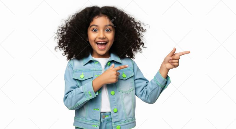 Happy little indian girl wearing blue denim jacket pointing with