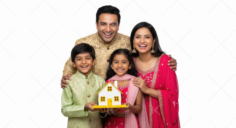 Happy indian family holding small house model standing together