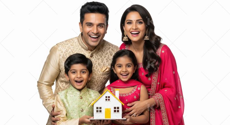 Happy indian family holding small house model standing together