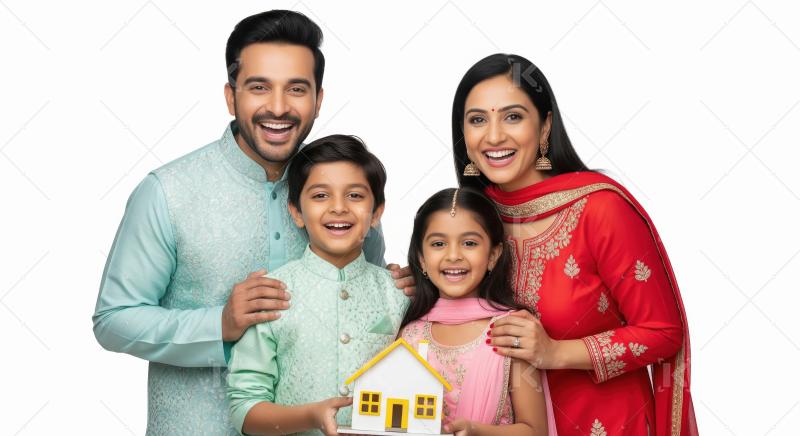 Happy indian family holding small house model standing together