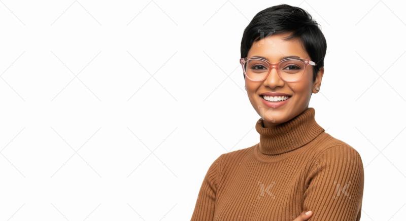 Happy young indian woman wearing eyeglasses standing on white ba