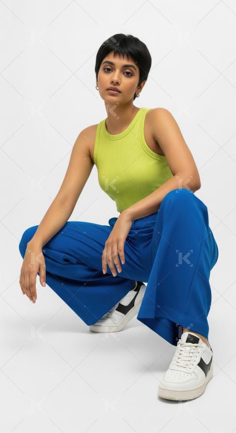 Young stylish indian woman sitting and posing on white backgroun