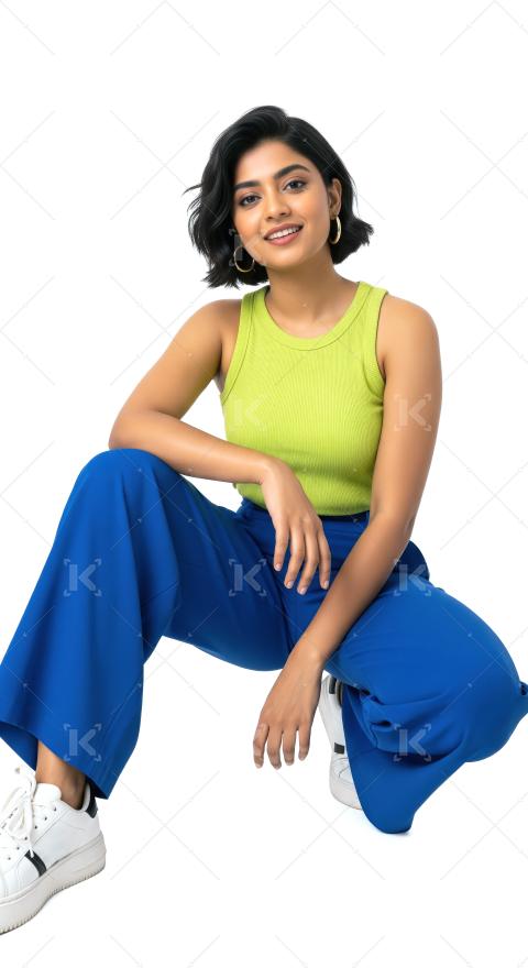 Young stylish indian woman sitting and posing on white backgroun