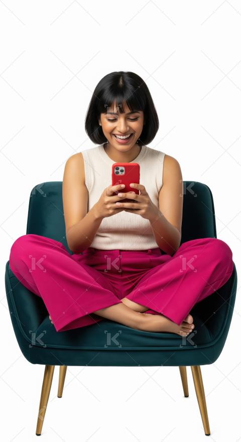 Young indian woman sitting on armchair using smartphone on white