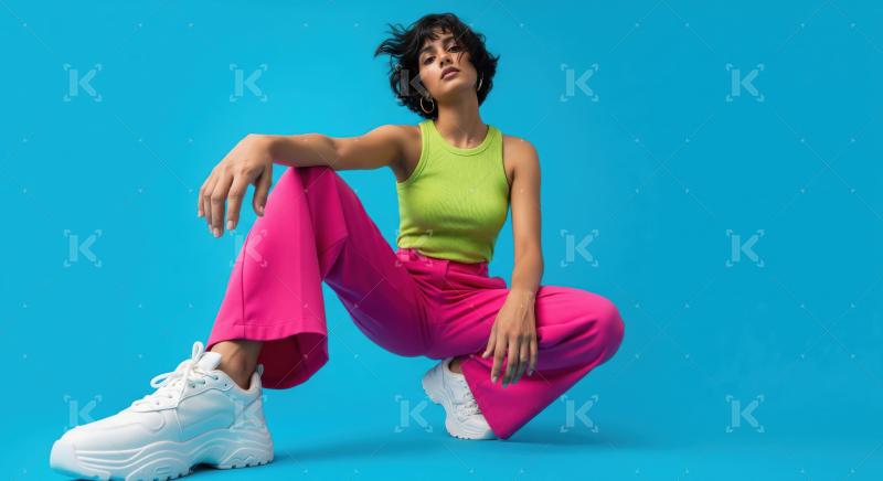 Young indian woman sitting and posing on blue background