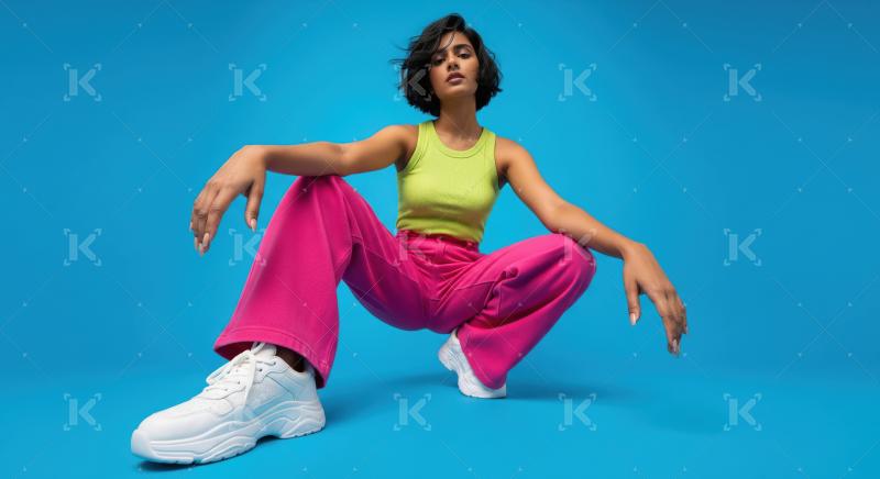 Young indian woman sitting and posing on blue background