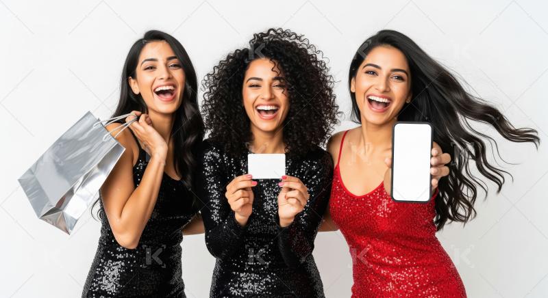 Three young indian female friends credit car, smartphone and sho