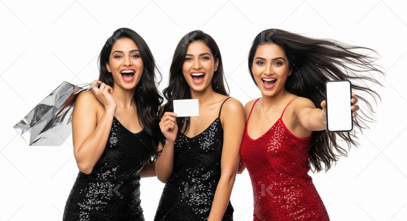 Three young indian female friends credit car, smartphone and sho