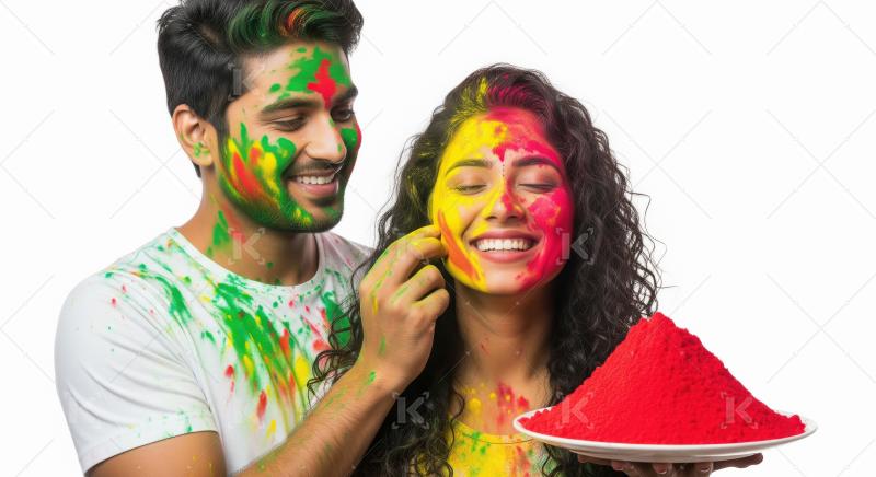 Young indian couple playing holi festival together standing on w