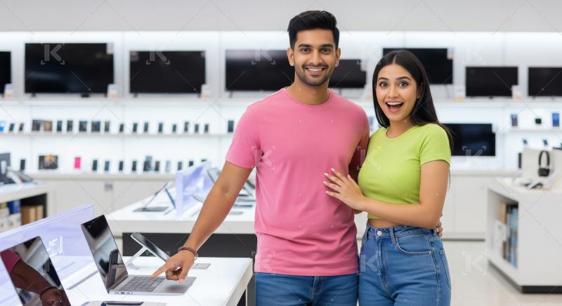 Young indian couple standing together at electronics shop